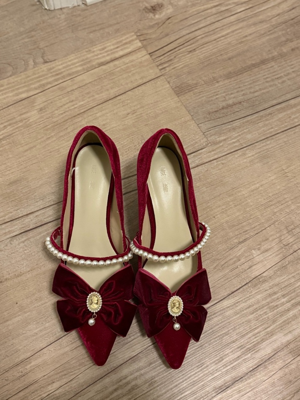 Elegant Red Velvet Pointed-Toe Pumps with Pearl Strap